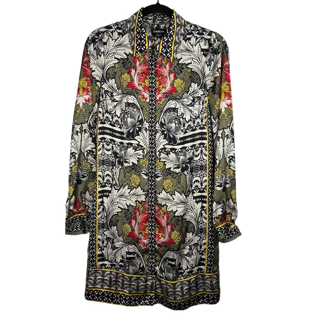 BEBE Baroque Button Up Shirt Dress Olive Green Floral Long Sleeve Mini XS